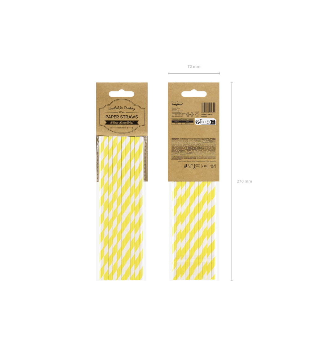 Papírová brčka - žlutá s pruhy