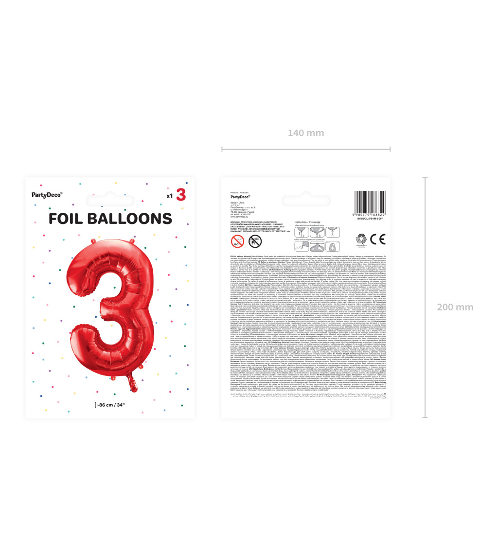 Fóliový balónek číslo 3, červená