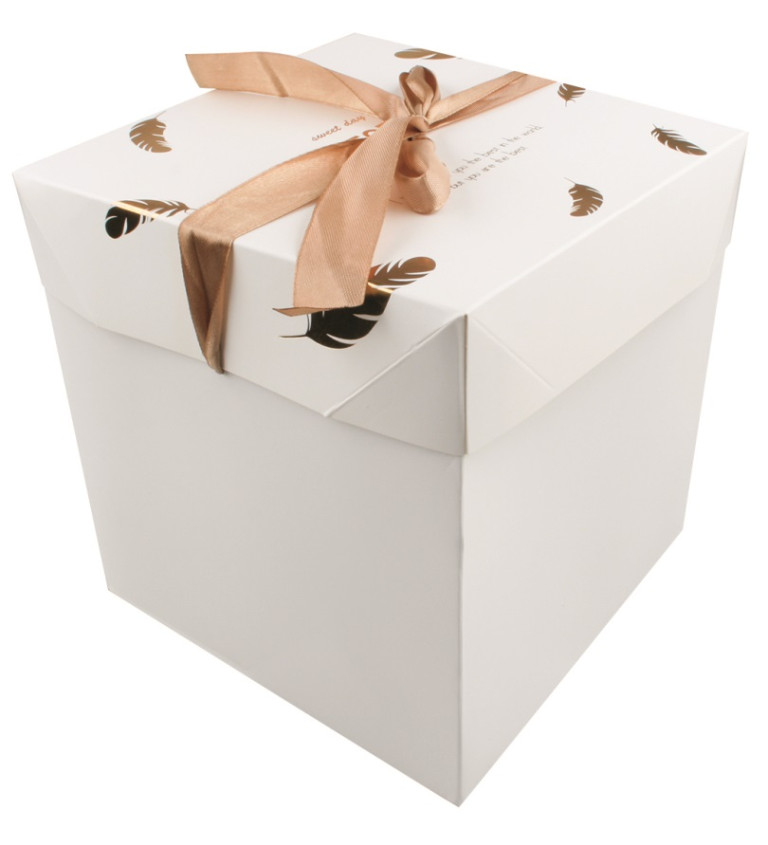 Dárková krabička - bílá se zlatými pírky a mašlí